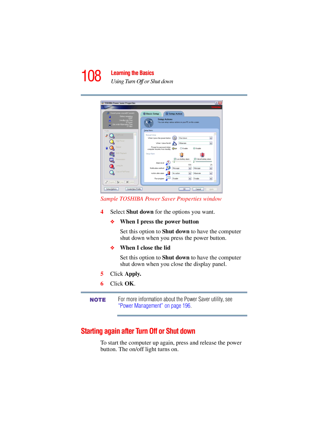 Toshiba A45 Series manual 108, Starting again after Turn Off or Shut down, Sample Toshiba Power Saver Properties window 