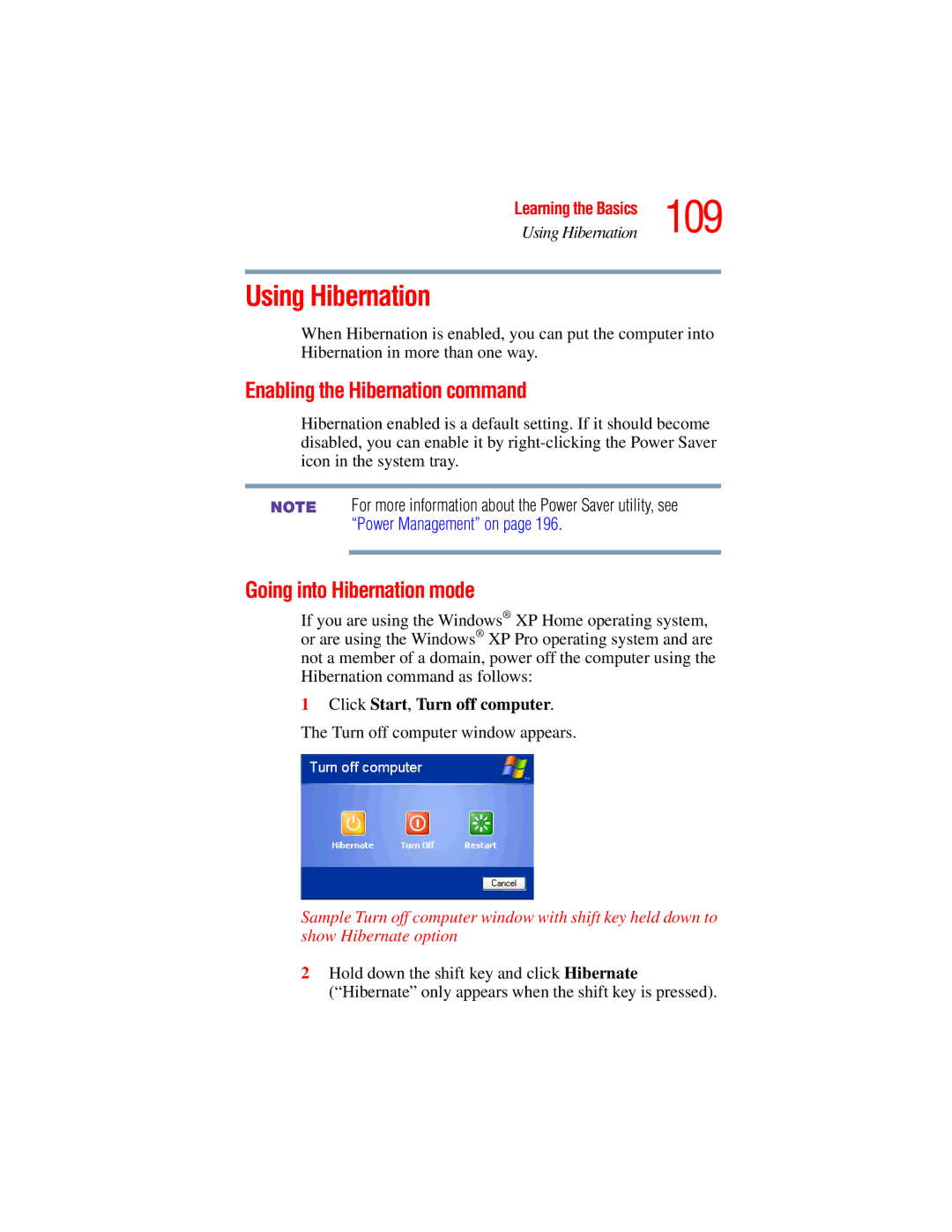 Toshiba A45 Series manual 109, Using Hibernation, Enabling the Hibernation command, Going into Hibernation mode 