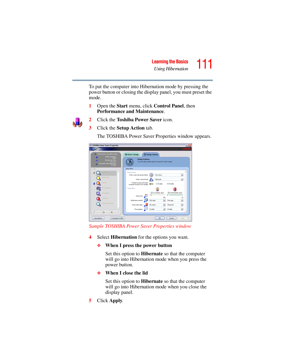 Toshiba A45 Series manual 111, Select Hibernation for the options you want 