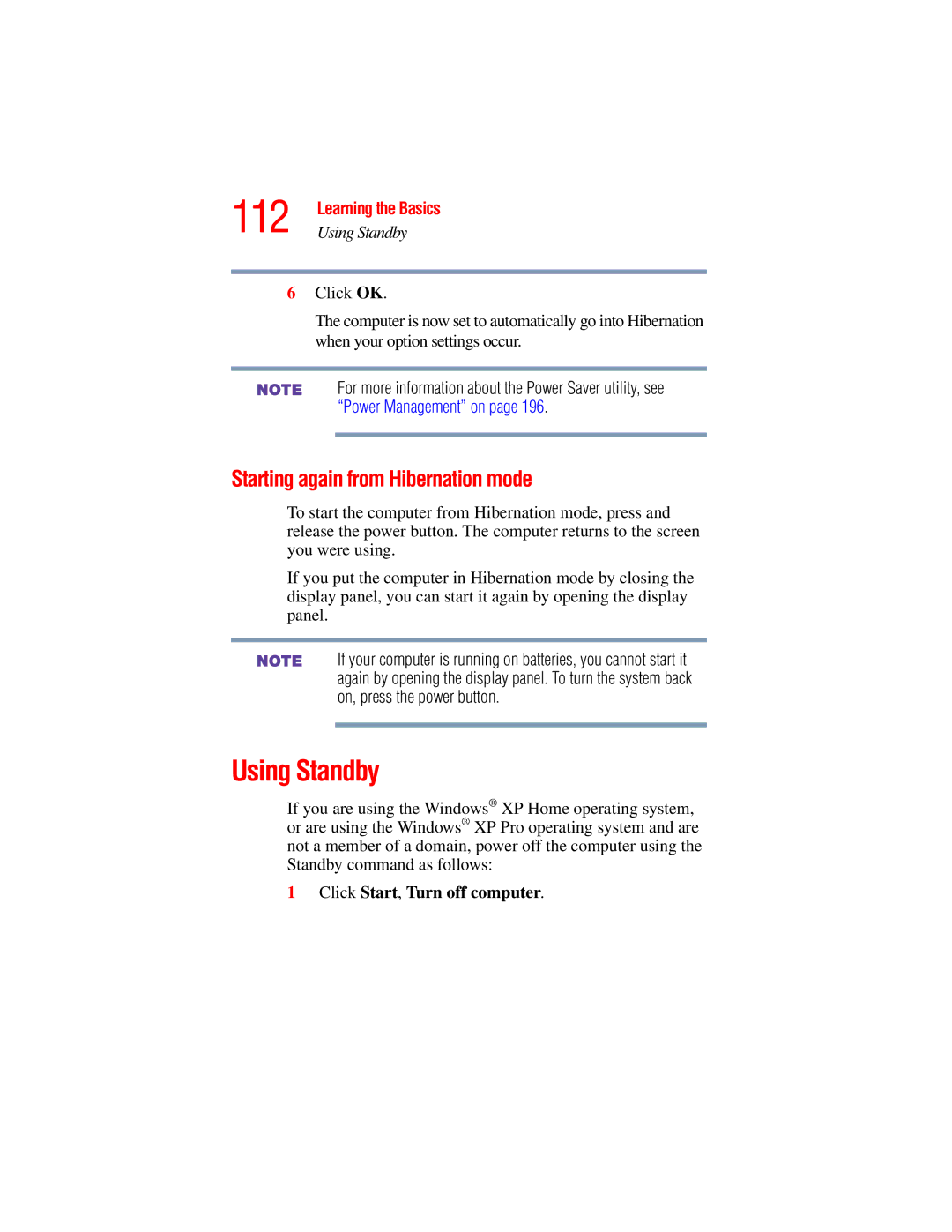 Toshiba A45 Series manual 112, Using Standby, Starting again from Hibernation mode 