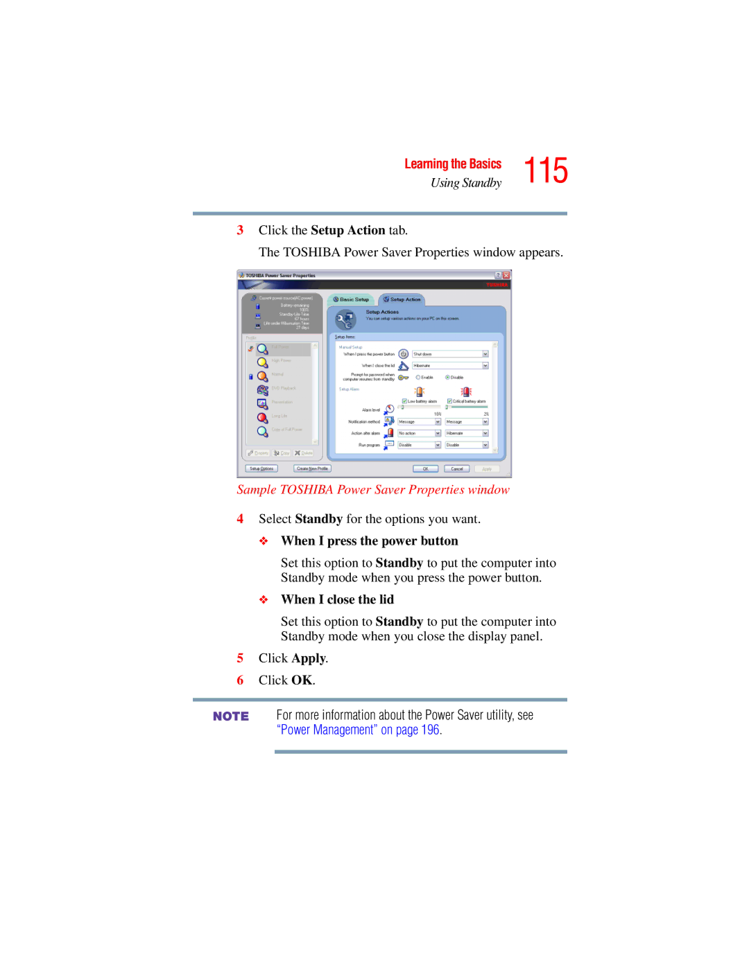 Toshiba A45 Series manual 115, Select Standby for the options you want 