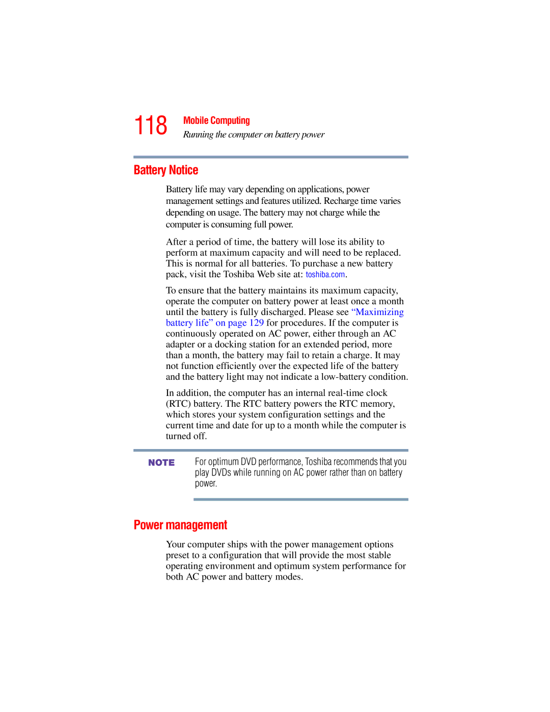 Toshiba A45 Series manual 118, Battery Notice, Power management 