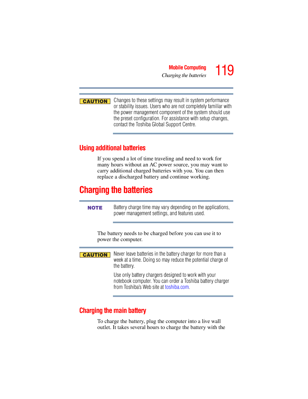 Toshiba A45 Series manual 119, Charging the batteries, Using additional batteries, Charging the main battery 