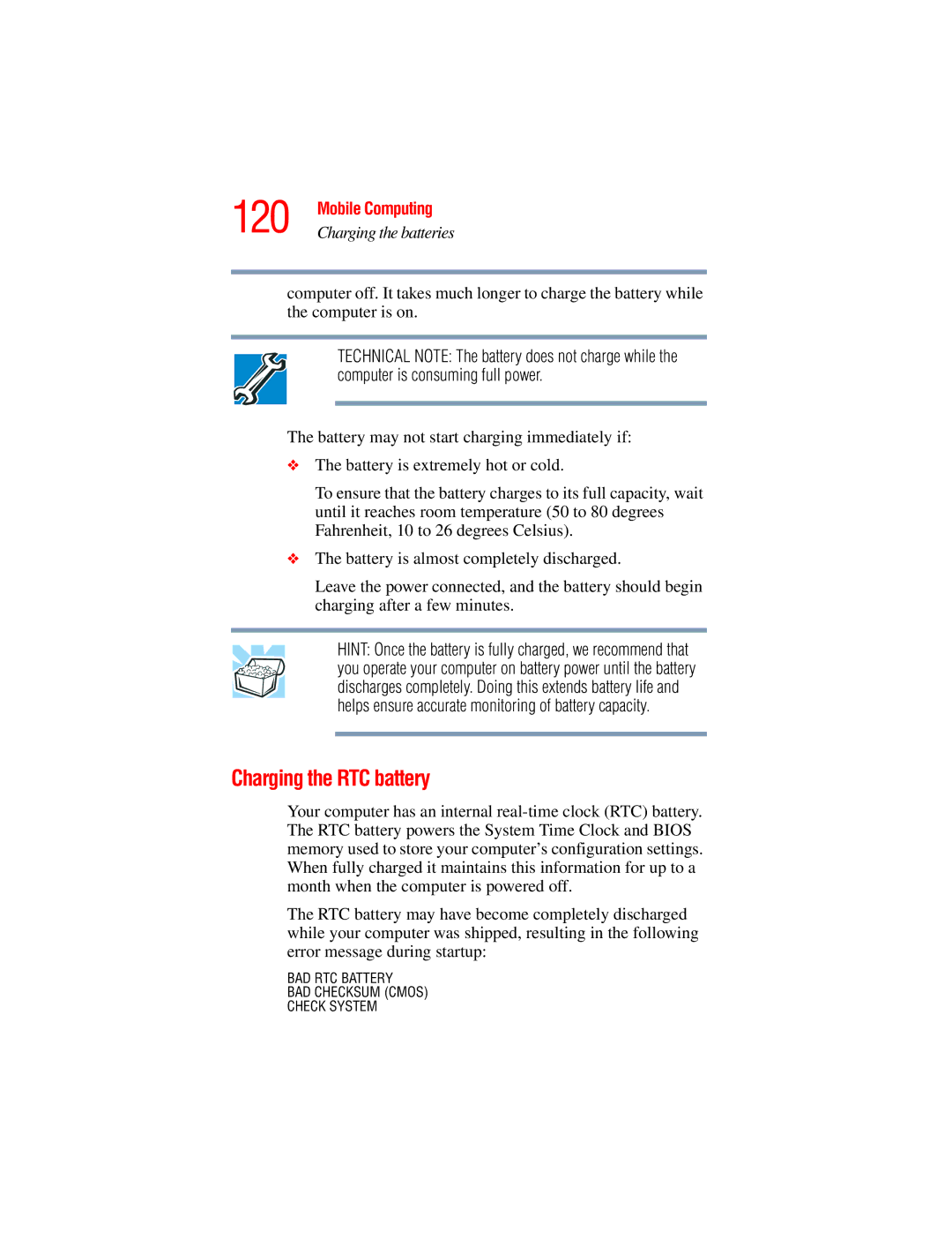 Toshiba A45 Series manual 120, Charging the RTC battery 