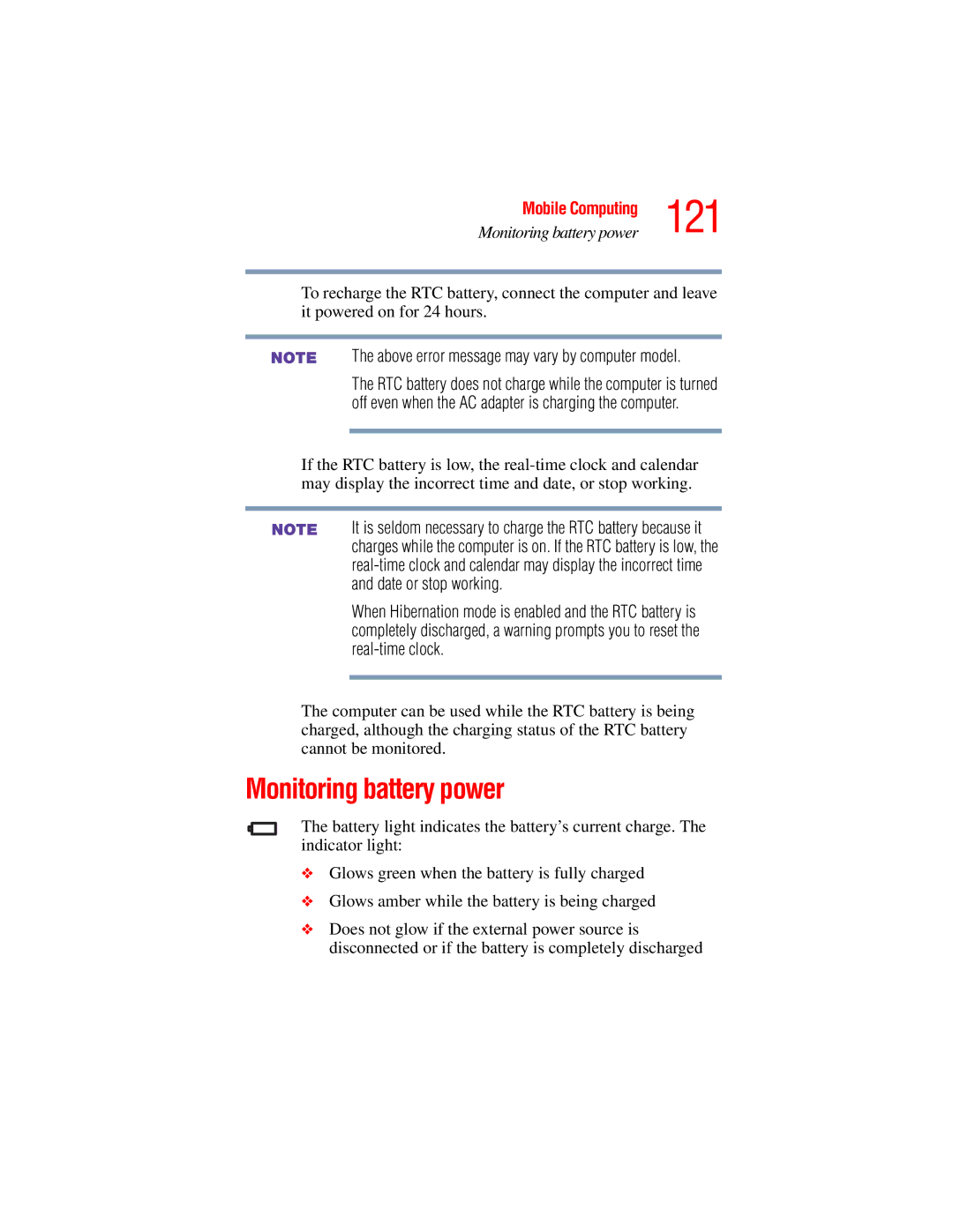 Toshiba A45 Series manual 121, Monitoring battery power 