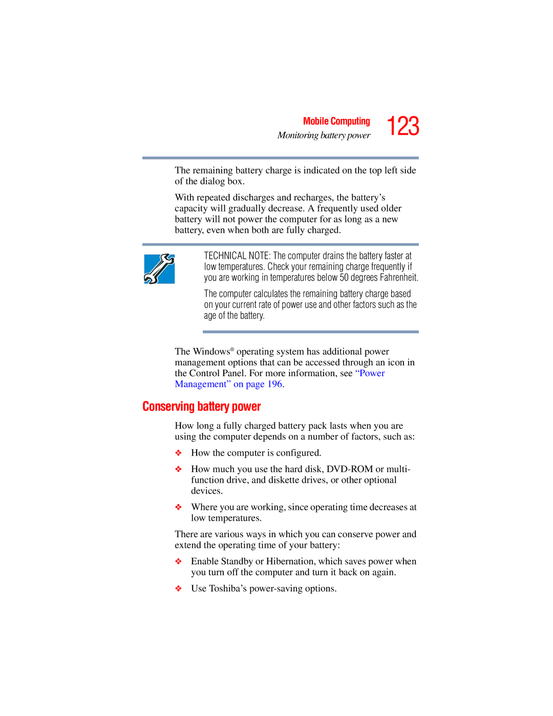 Toshiba A45 Series manual 123, Conserving battery power 