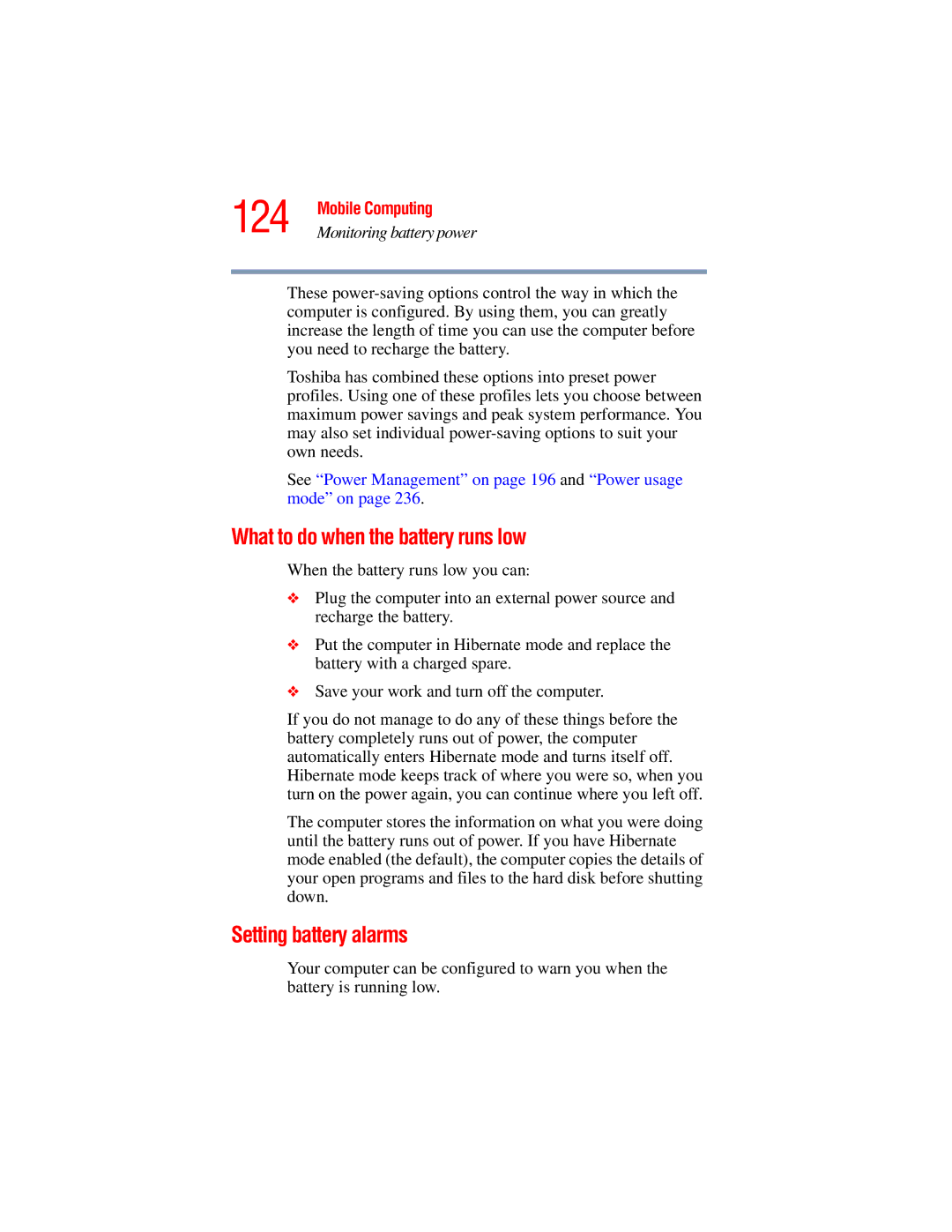 Toshiba A45 Series manual 124, What to do when the battery runs low, Setting battery alarms 