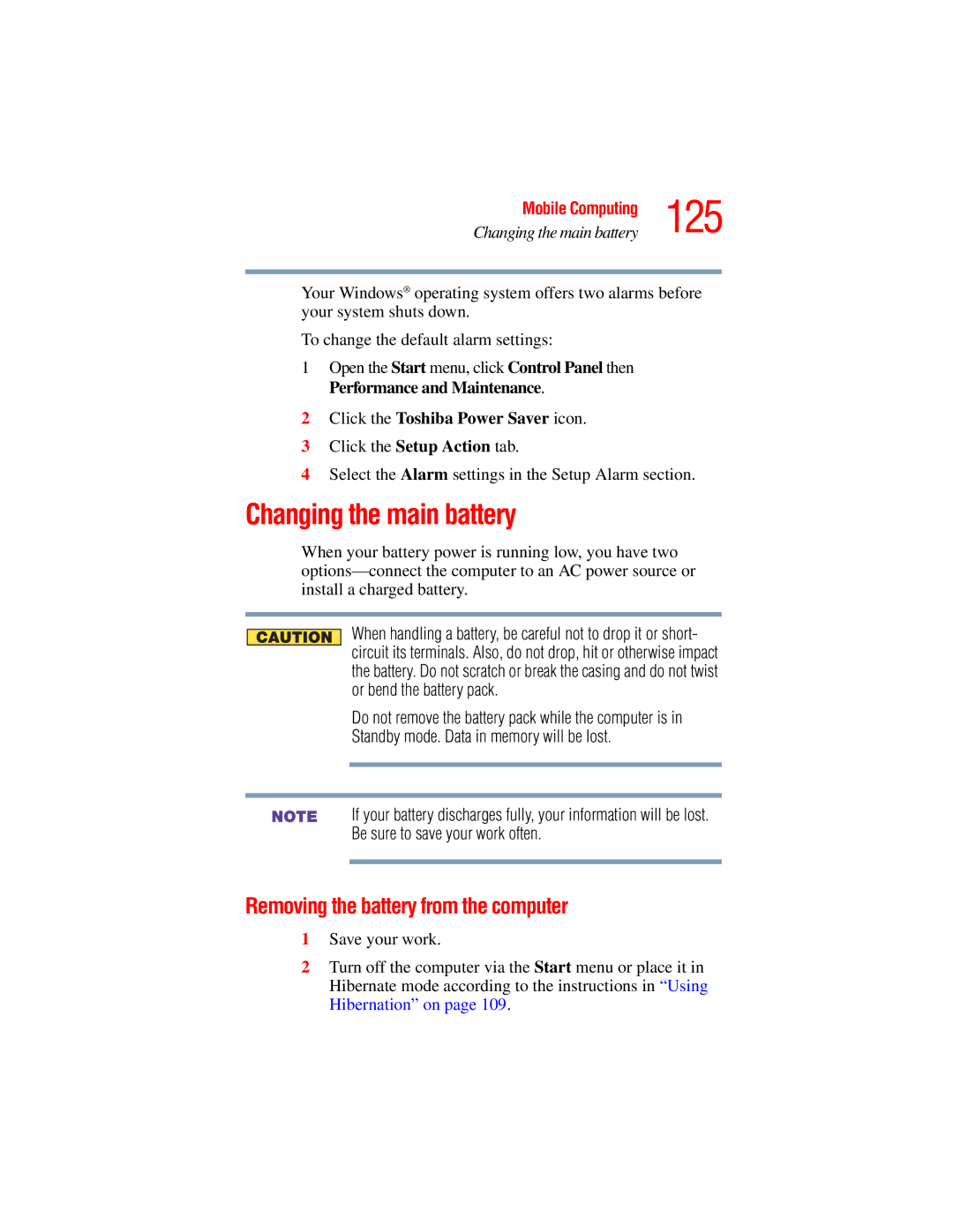 Toshiba A45 Series manual 125, Changing the main battery, Removing the battery from the computer 