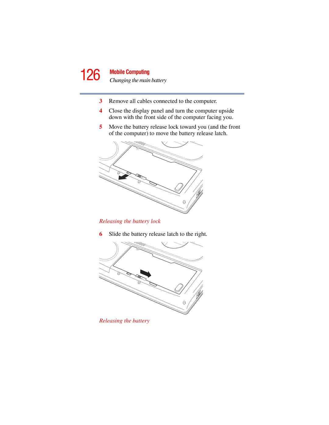 Toshiba A45 Series manual 126, Releasing the battery lock, Slide the battery release latch to the right 