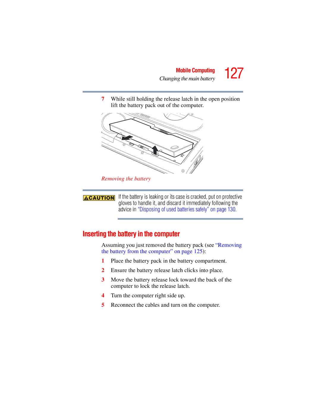 Toshiba A45 Series manual 127, Inserting the battery in the computer, Removing the battery 