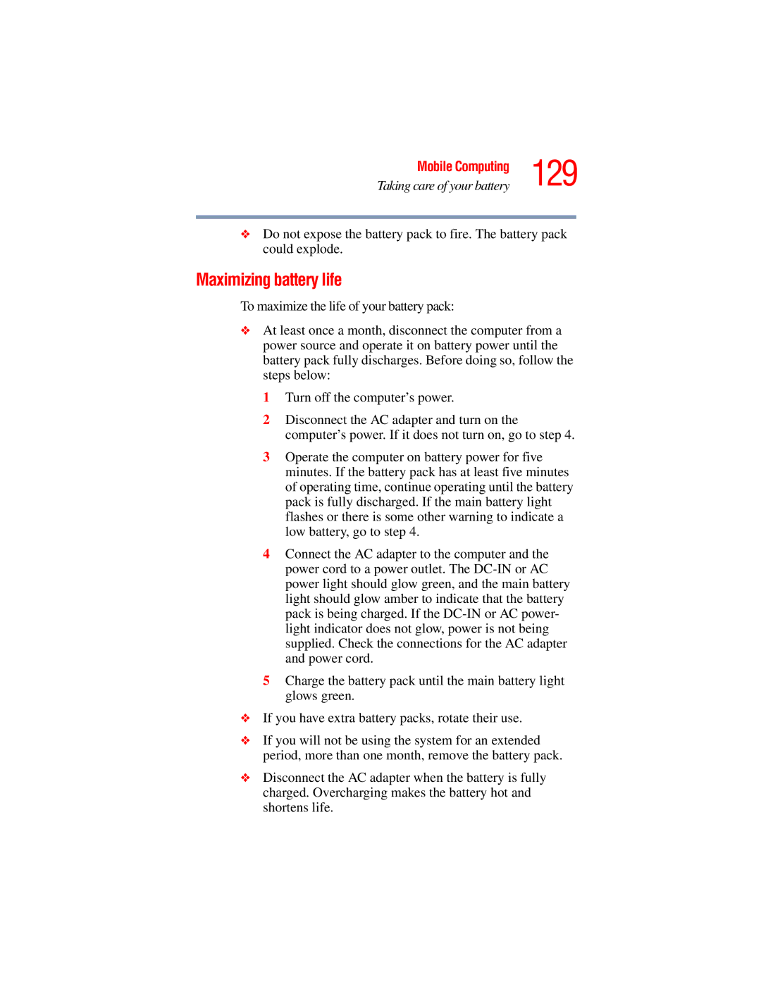 Toshiba A45 Series manual 129, Maximizing battery life 