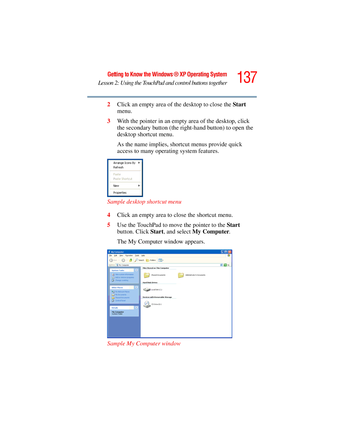 Toshiba A45 Series manual 137, Sample desktop shortcut menu, Sample My Computer window 