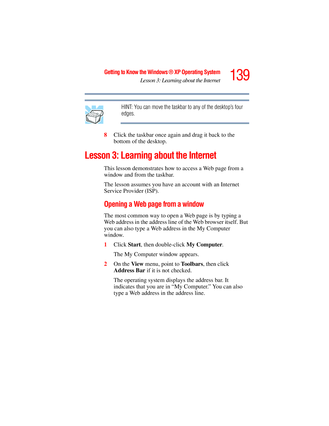 Toshiba A45 Series manual 139, Lesson 3 Learning about the Internet, Opening a Web page from a window 