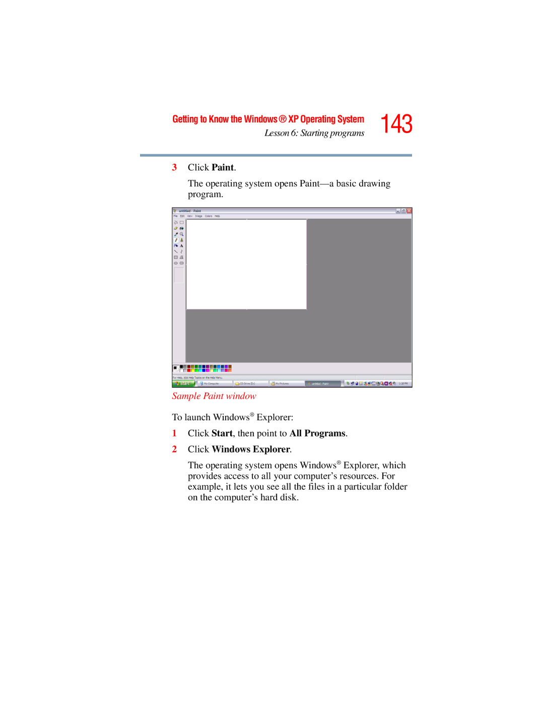 Toshiba A45 Series manual 143, Sample Paint window, Click Windows Explorer 