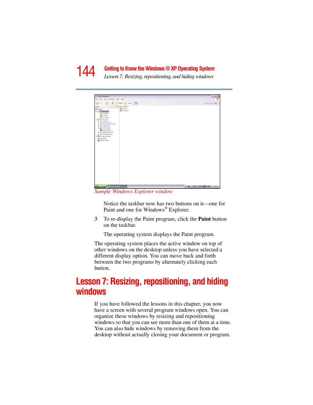 Toshiba A45 Series manual 144, Lesson 7 Resizing, repositioning, and hiding windows, Sample Windows Explorer window 