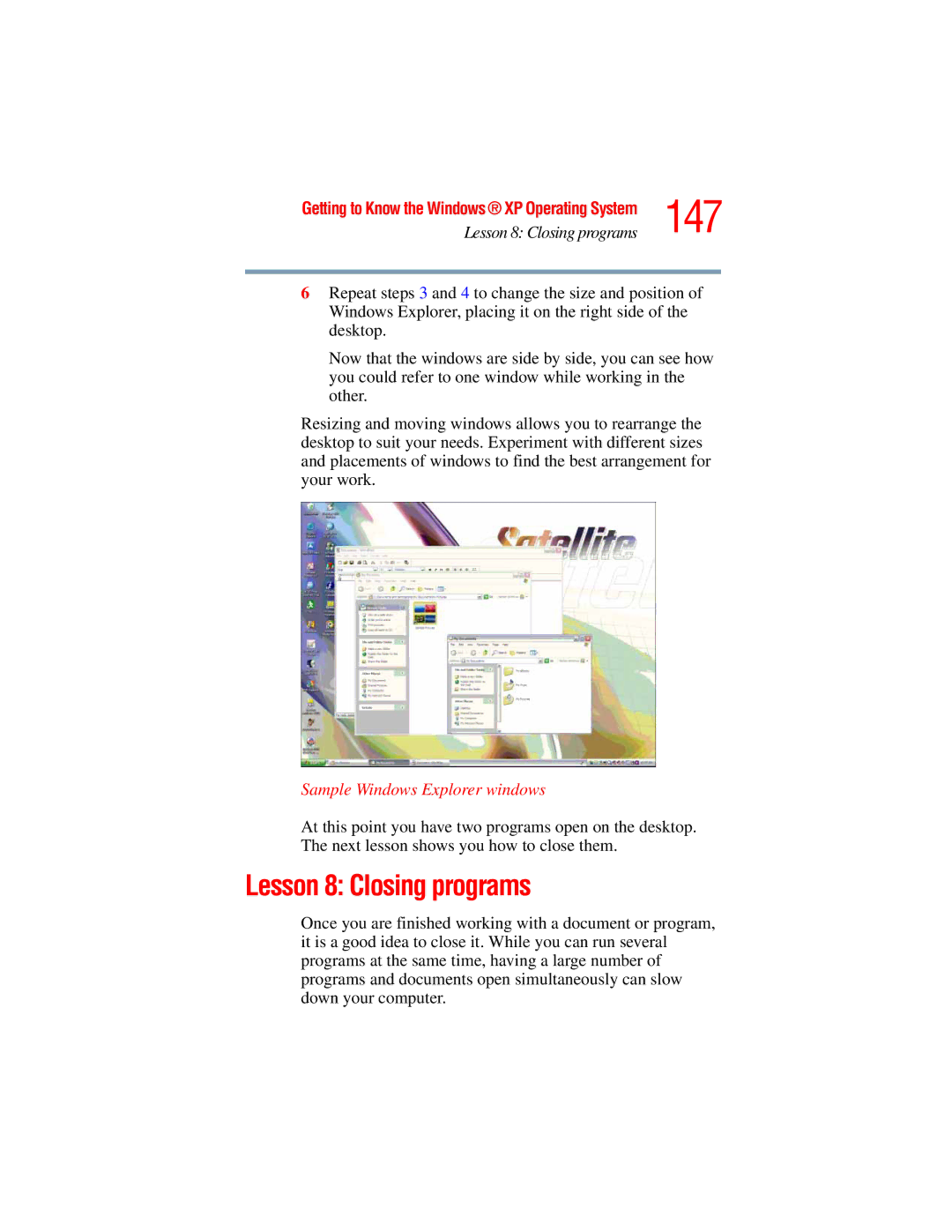 Toshiba A45 Series manual 147, Lesson 8 Closing programs, Sample Windows Explorer windows 