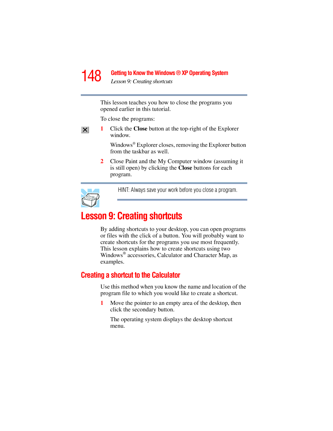 Toshiba A45 Series manual 148, Lesson 9 Creating shortcuts, Creating a shortcut to the Calculator 