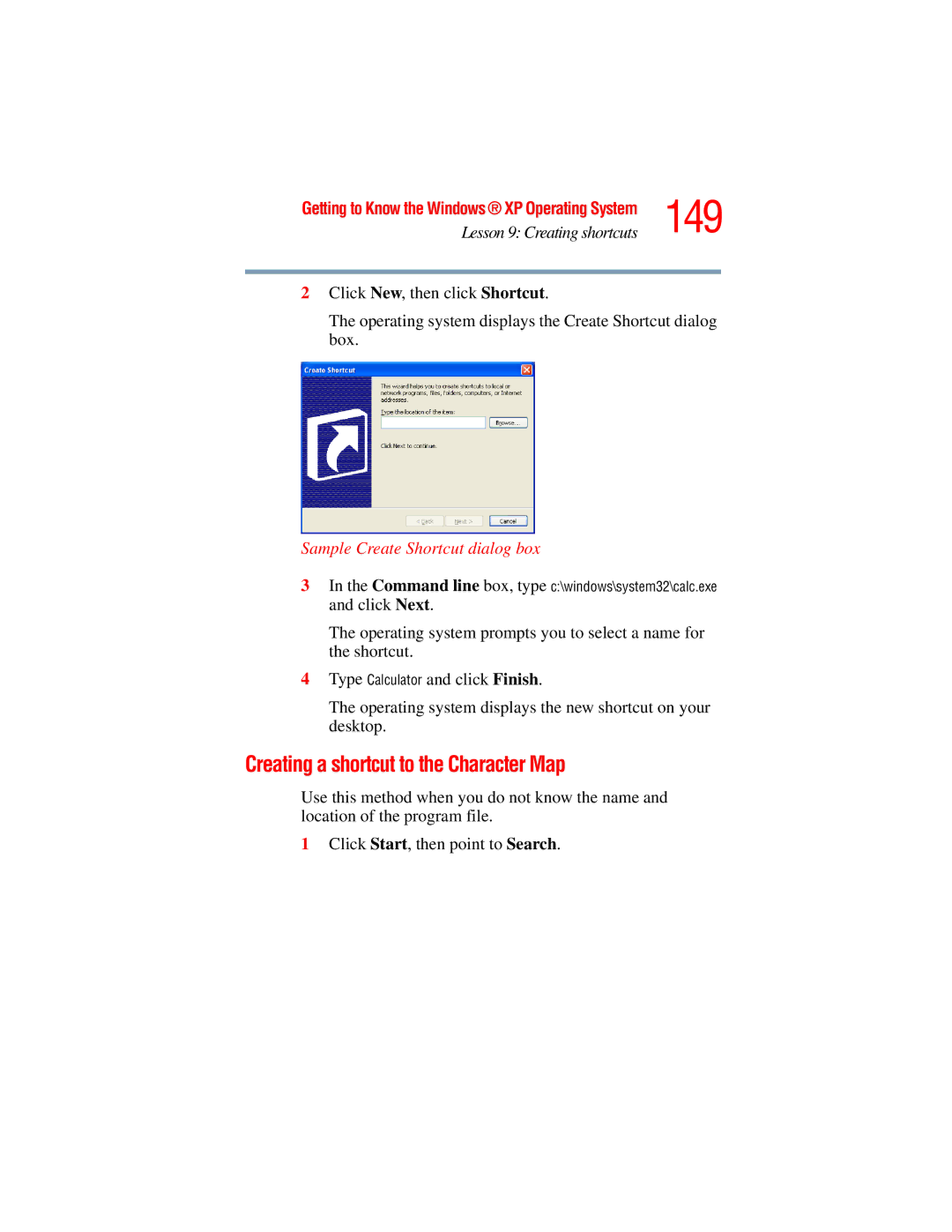 Toshiba A45 Series manual 149, Creating a shortcut to the Character Map, Sample Create Shortcut dialog box 