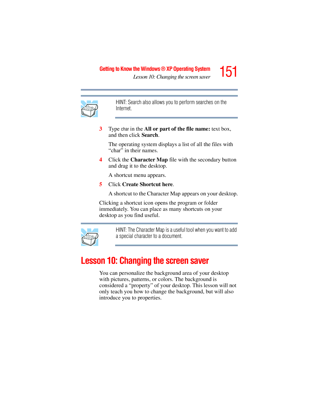 Toshiba A45 Series manual 151, Lesson 10 Changing the screen saver, Click Create Shortcut here 