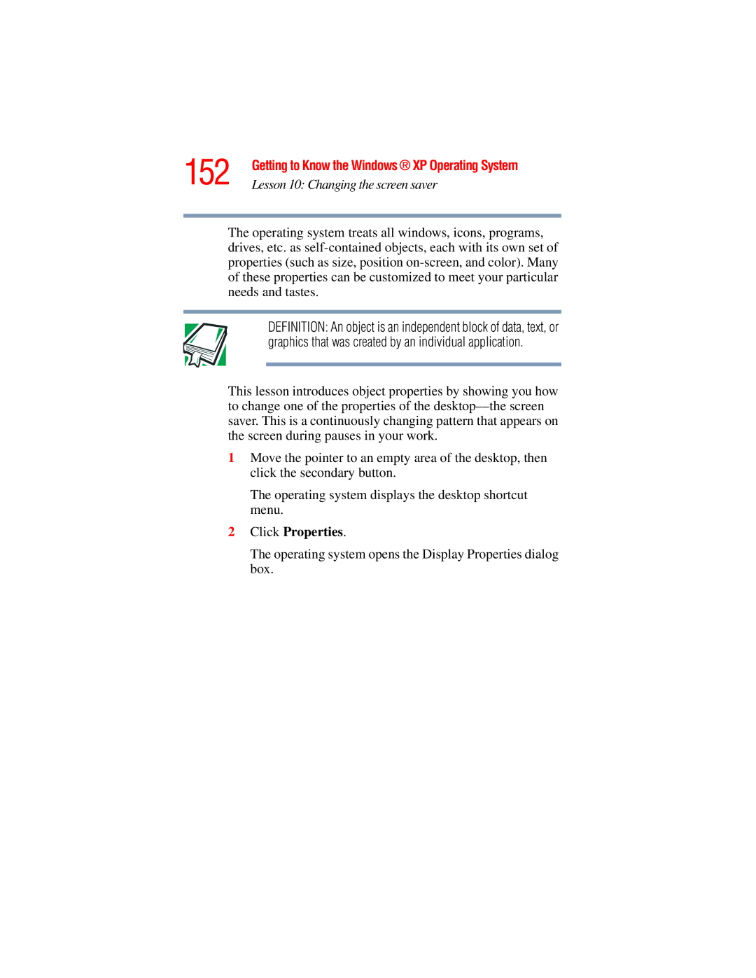 Toshiba A45 Series manual 152, Click Properties, Operating system opens the Display Properties dialog box 