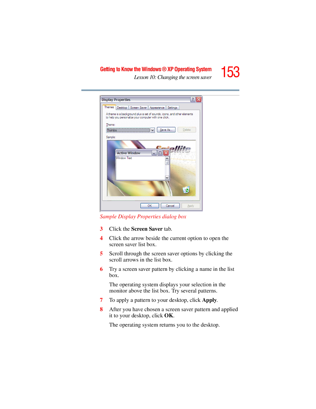 Toshiba A45 Series manual 153, Sample Display Properties dialog box 