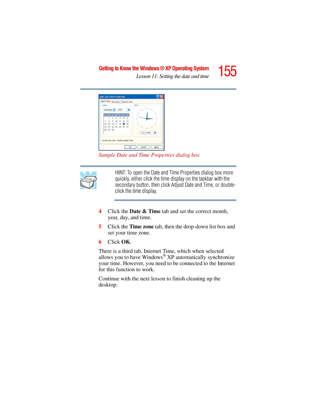 Toshiba A45 Series manual 155, Sample Date and Time Properties dialog box 