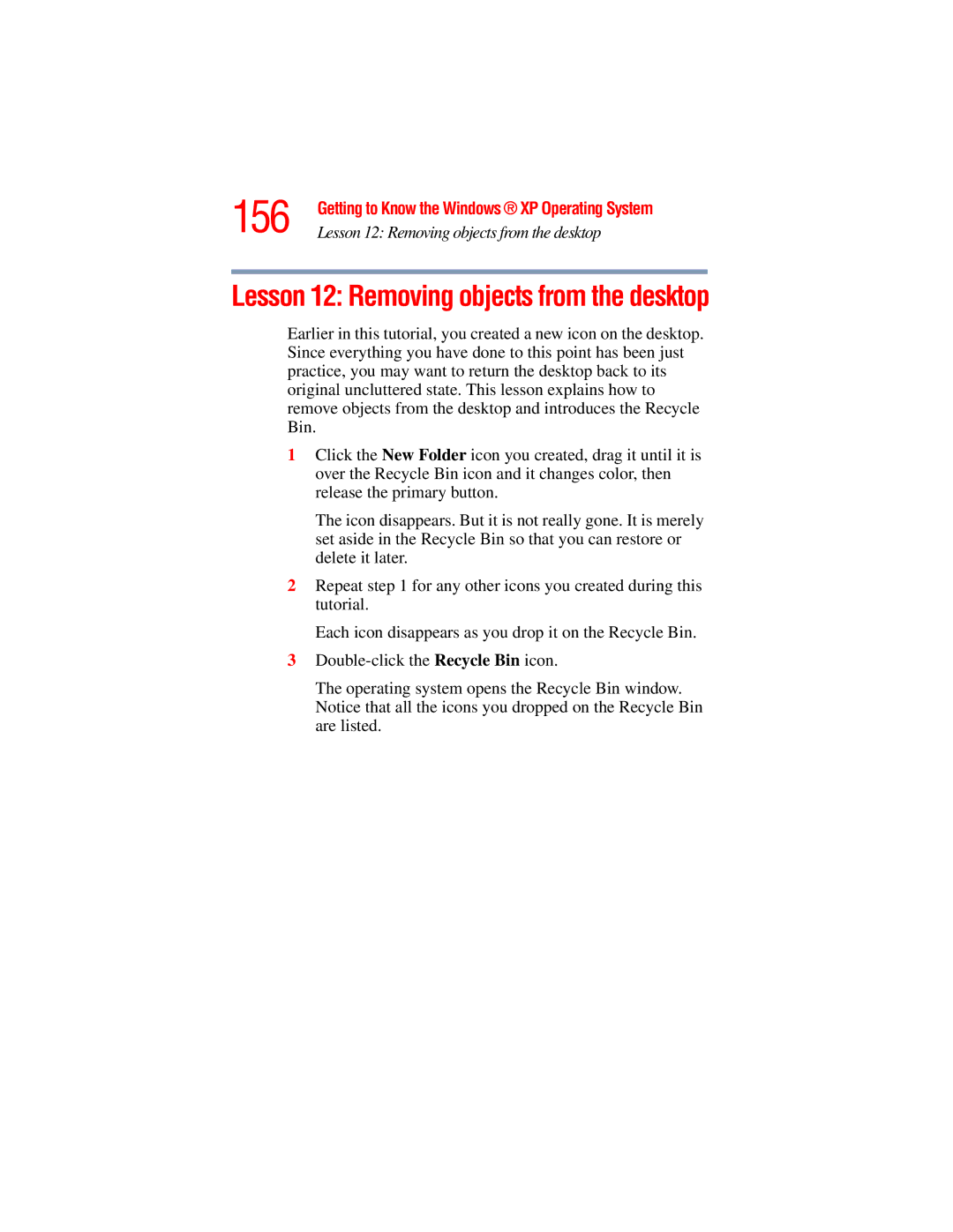 Toshiba A45 Series manual 156, Lesson 12 Removing objects from the desktop 