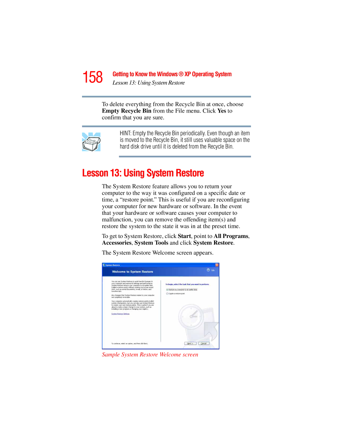 Toshiba A45 Series manual 158, Lesson 13 Using System Restore, Sample System Restore Welcome screen 