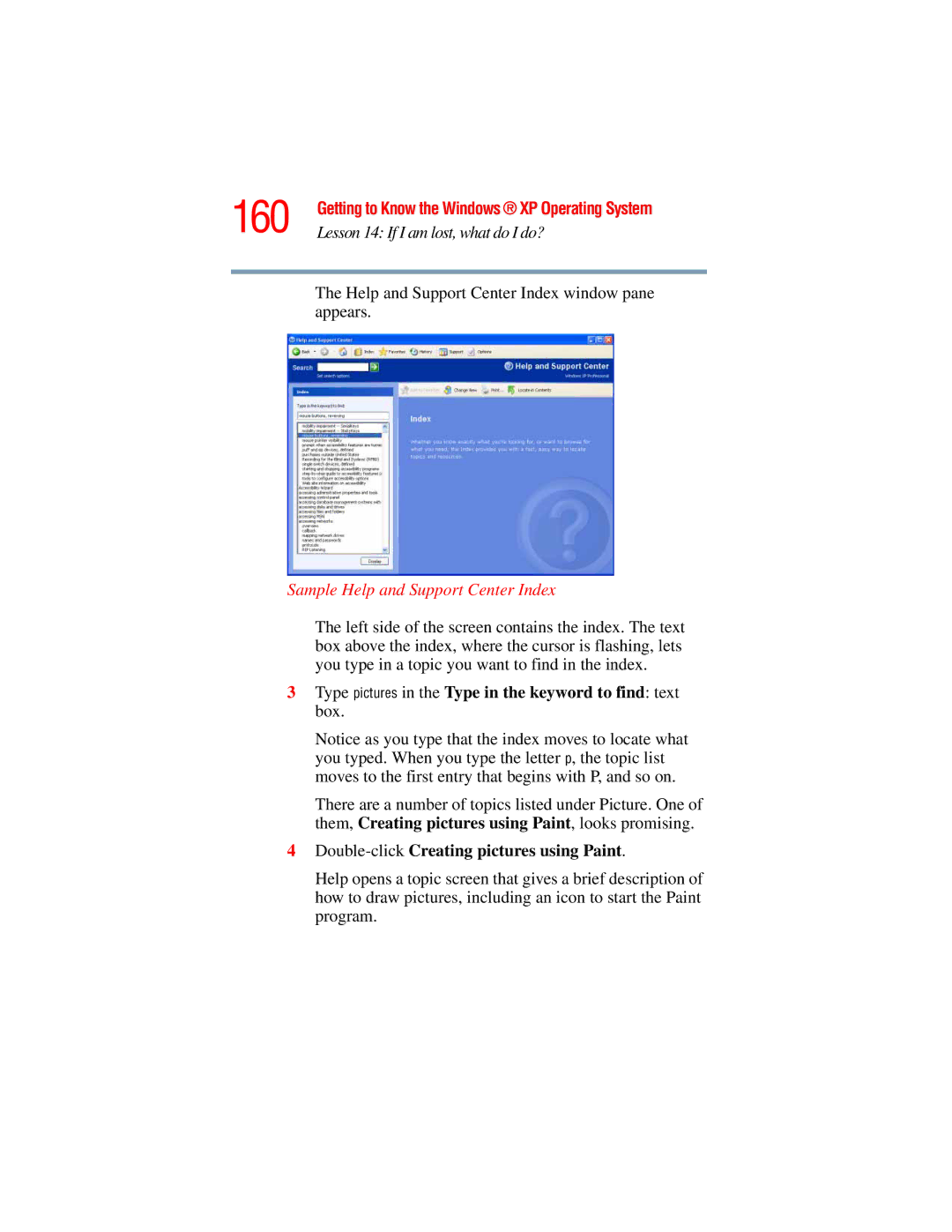 Toshiba A45 Series manual 160, Help and Support Center Index window pane appears, Sample Help and Support Center Index 