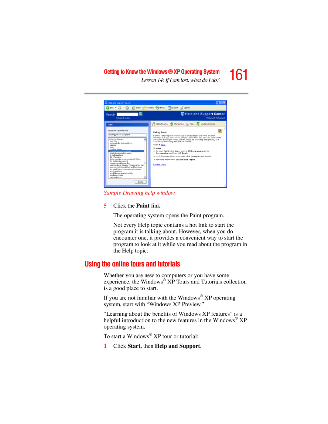 Toshiba A45 Series manual 161, Using the online tours and tutorials, Sample Drawing help window 