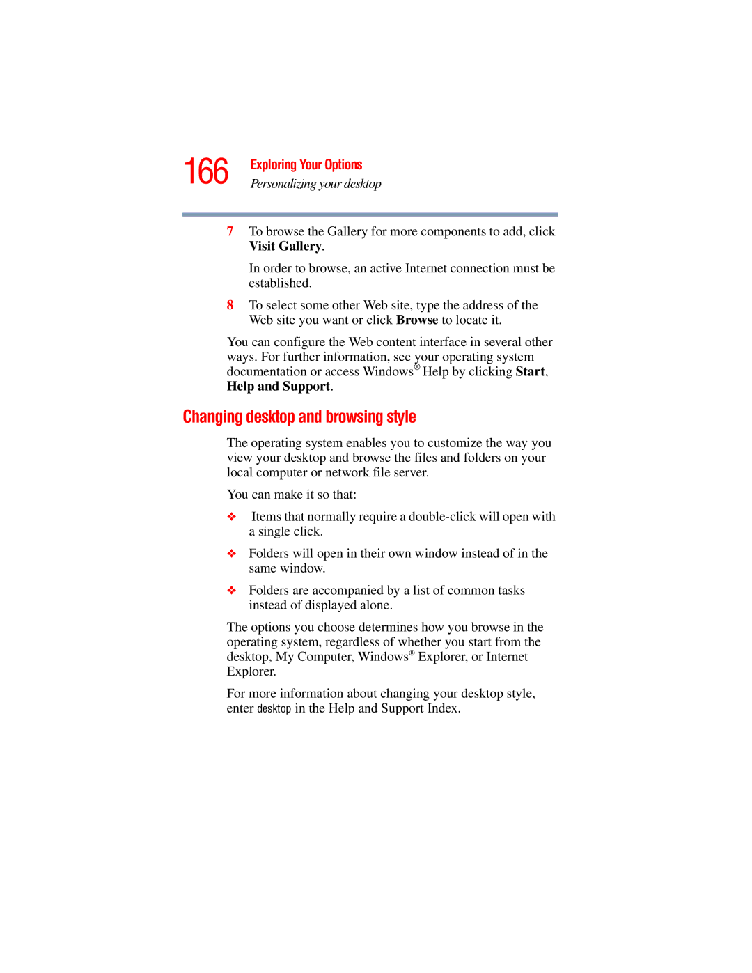 Toshiba A45 Series manual 166, Changing desktop and browsing style 