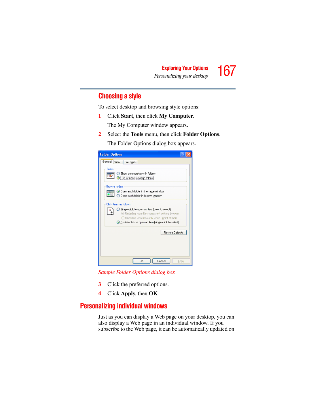 Toshiba A45 Series manual 167, Choosing a style, Personalizing individual windows, Sample Folder Options dialog box 