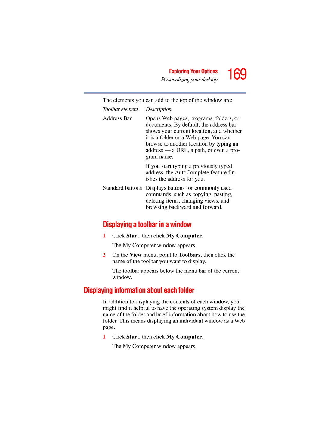 Toshiba A45 Series manual 169, Displaying a toolbar in a window, Displaying information about each folder 