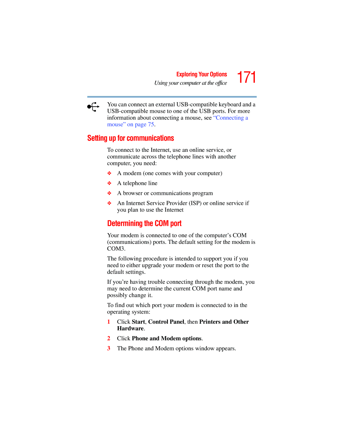 Toshiba A45 Series 171, Setting up for communications, Determining the COM port, Phone and Modem options window appears 