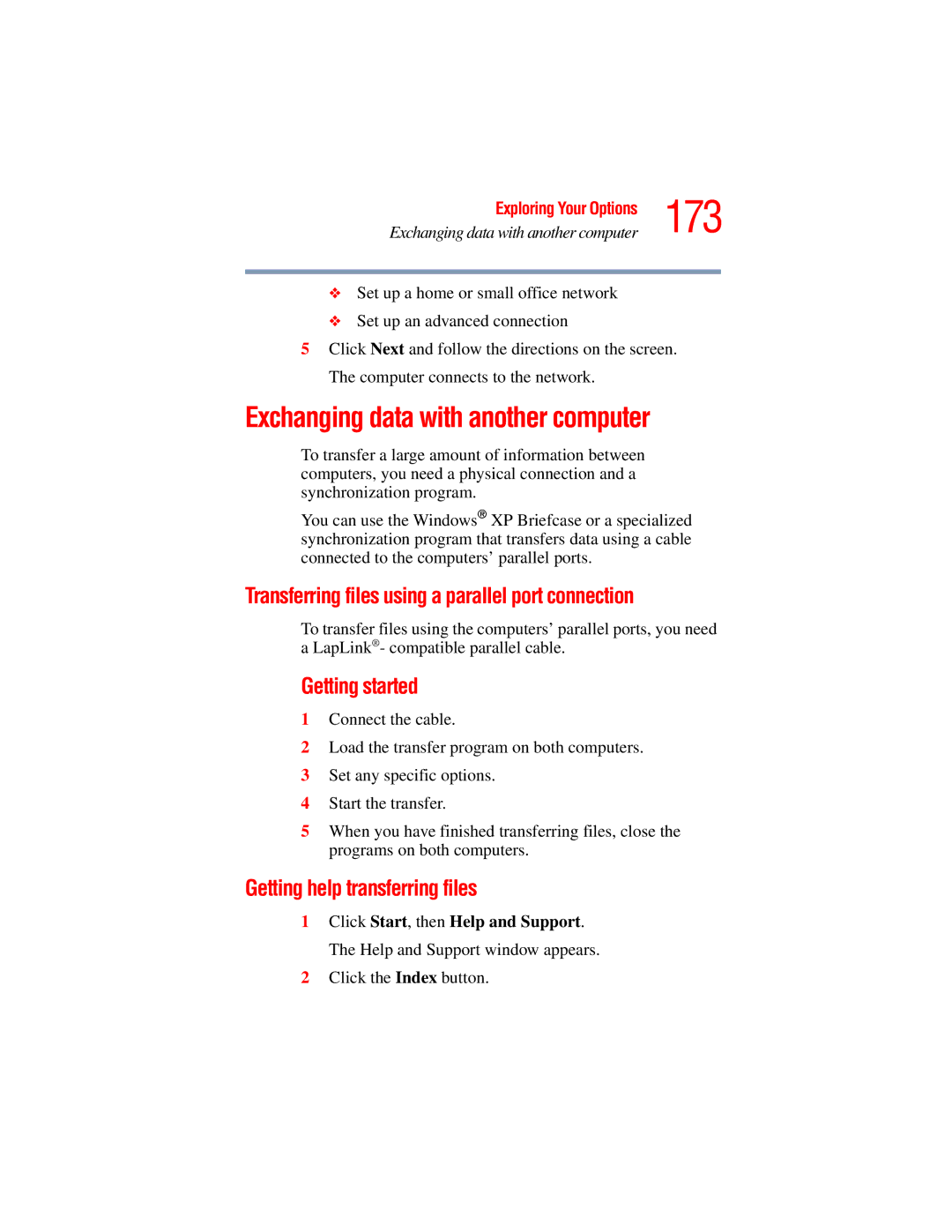 Toshiba A45 Series manual 173, Getting started, Getting help transferring files, Click the Index button 