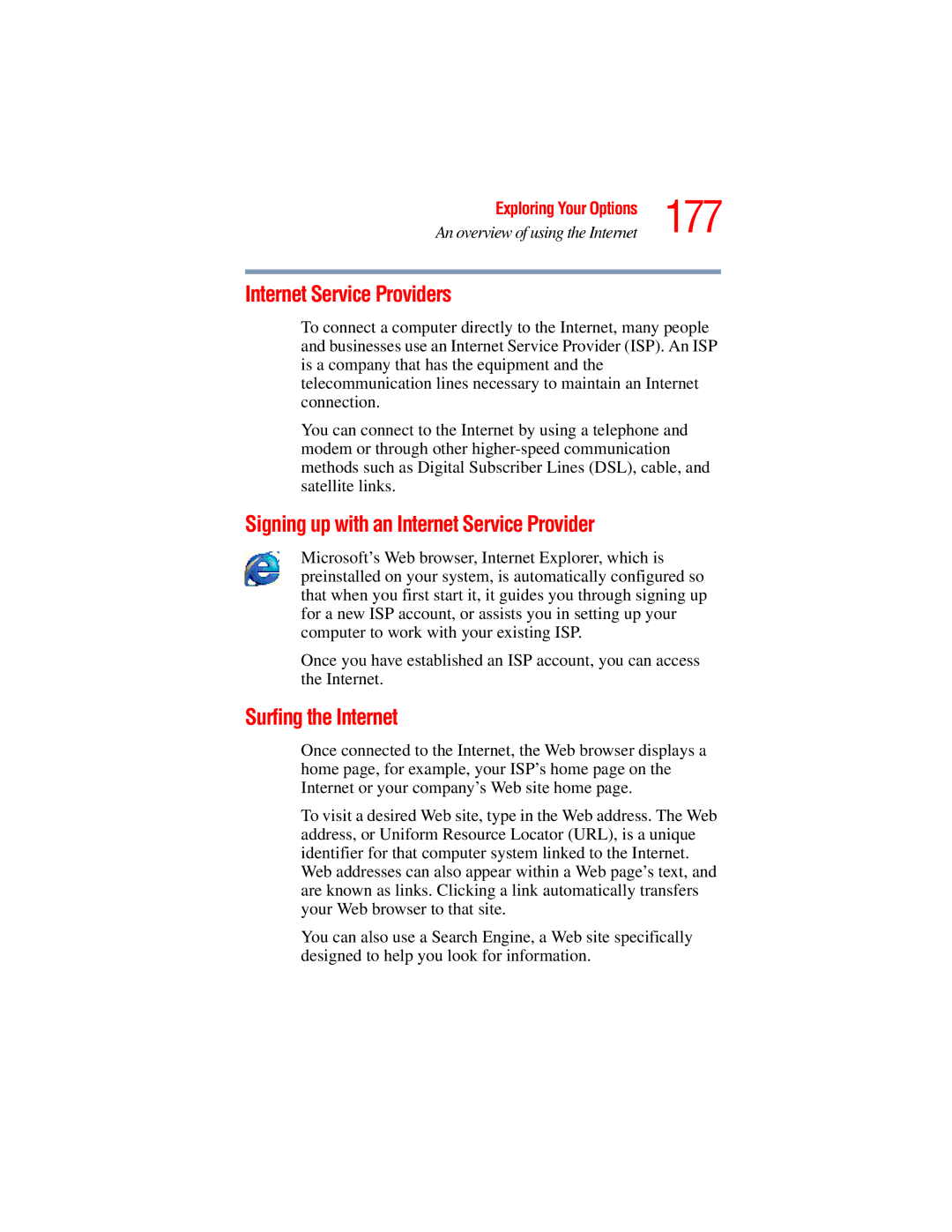 Toshiba A45 Series 177, Internet Service Providers, Signing up with an Internet Service Provider, Surfing the Internet 