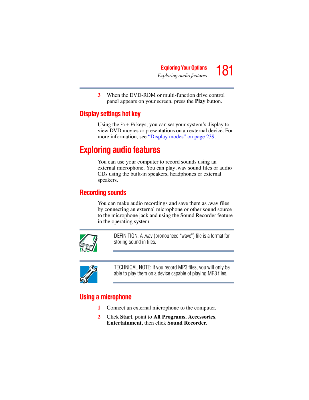 Toshiba A45 Series manual 181, Exploring audio features, Display settings hot key, Recording sounds, Using a microphone 