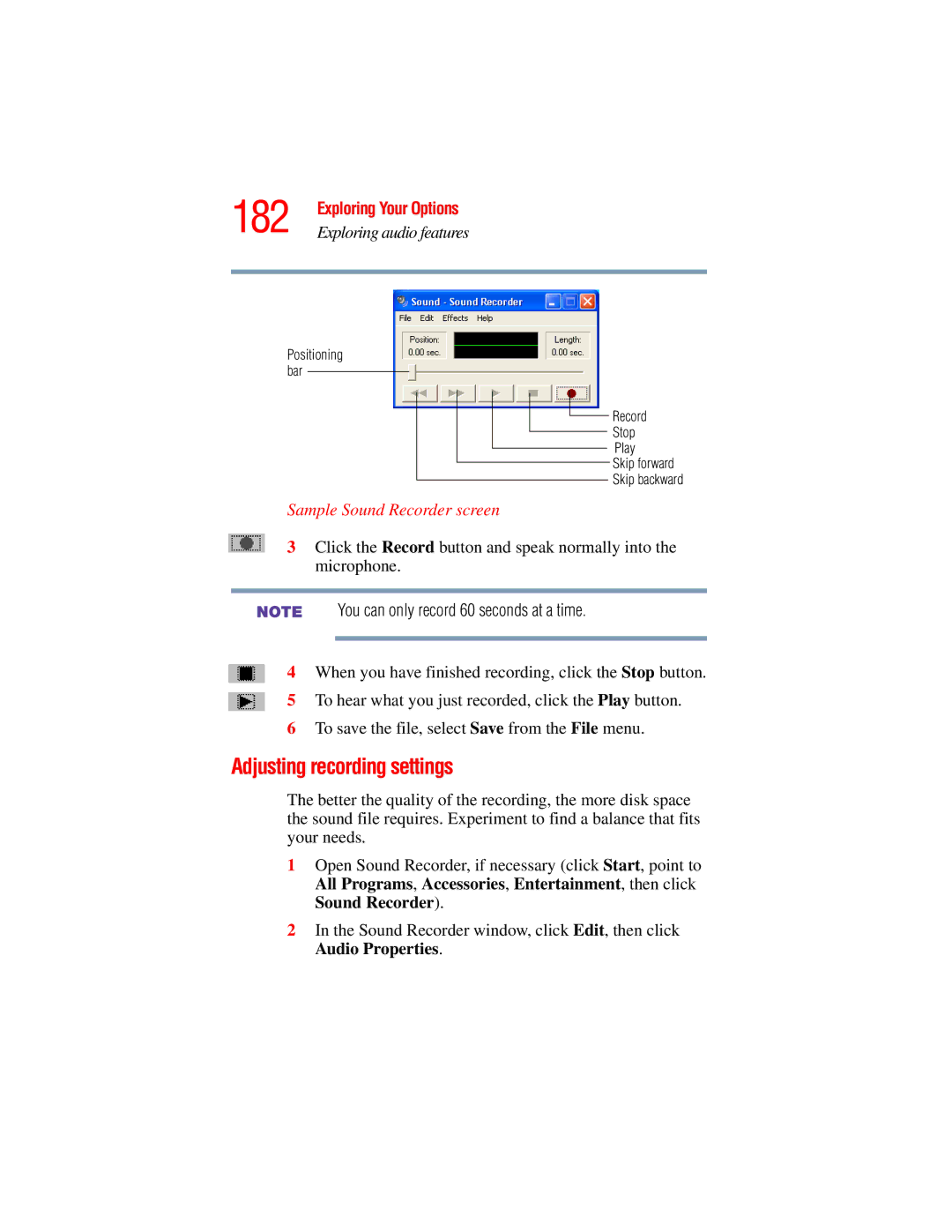 Toshiba A45 Series manual 182, Adjusting recording settings, Sample Sound Recorder screen 