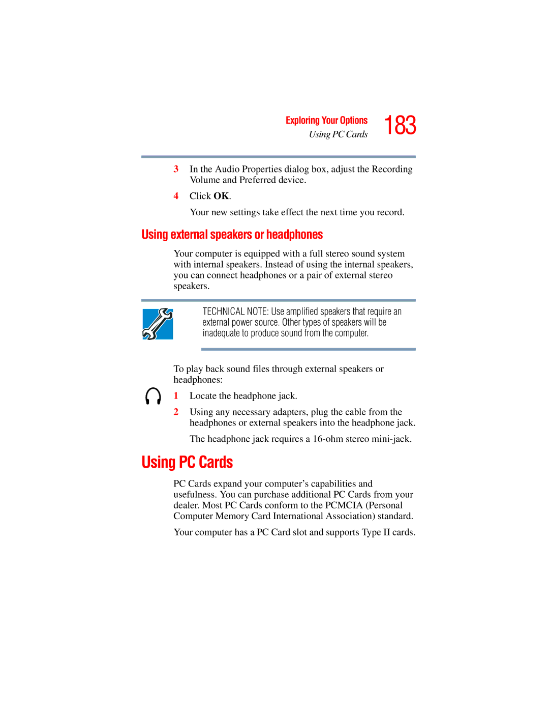 Toshiba A45 Series manual 183, Using PC Cards, Using external speakers or headphones 