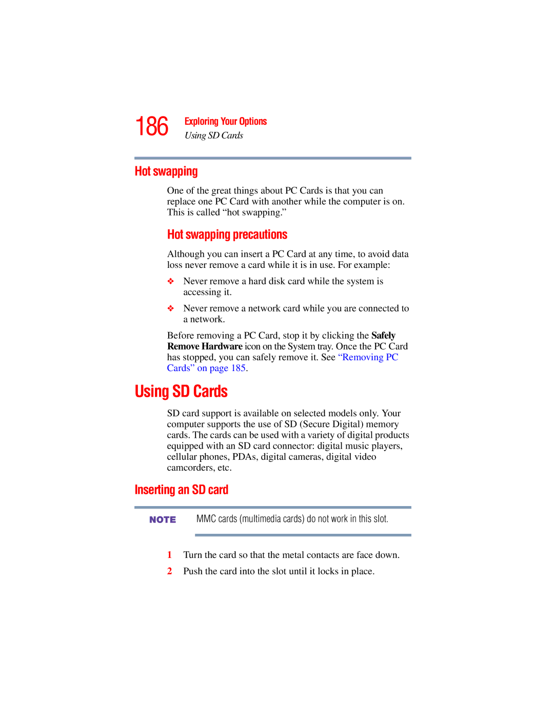 Toshiba A45 Series manual Using SD Cards, Hot swapping precautions, Inserting an SD card 