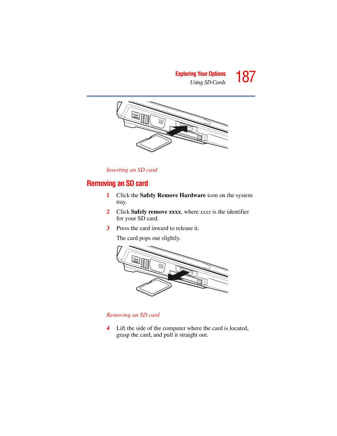 Toshiba A45 Series manual 187, Removing an SD card, Inserting an SD card 