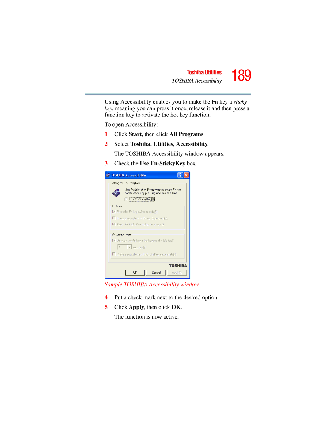 Toshiba A45 Series manual 189, Select Toshiba, Utilities, Accessibility, Toshiba Accessibility window appears 