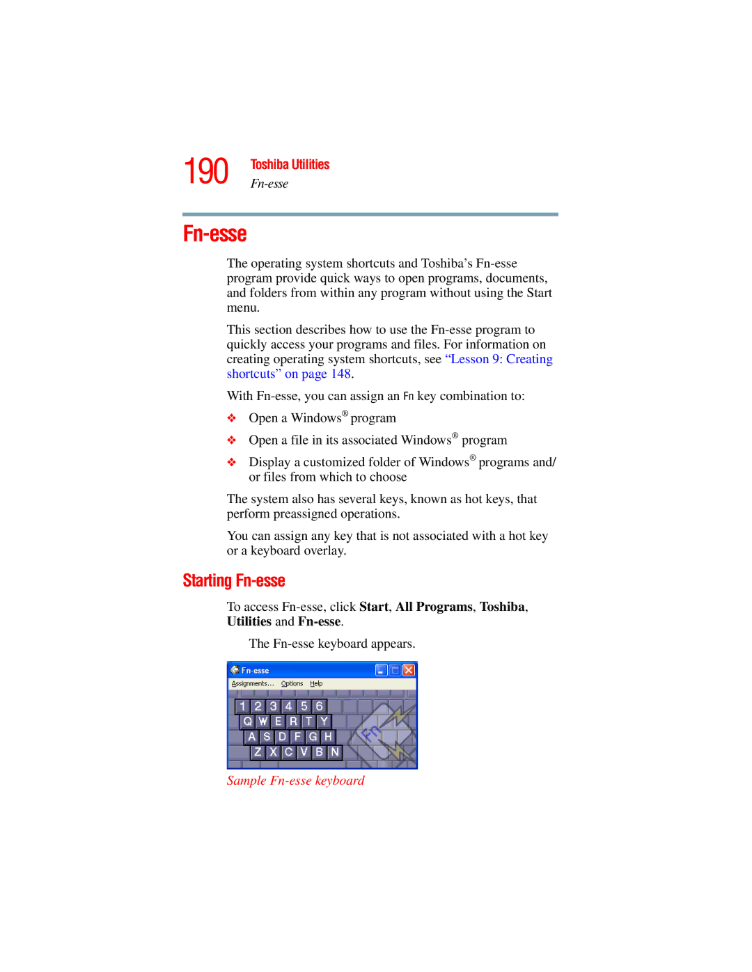 Toshiba A45 Series manual Starting Fn-esse, Sample Fn-esse keyboard 