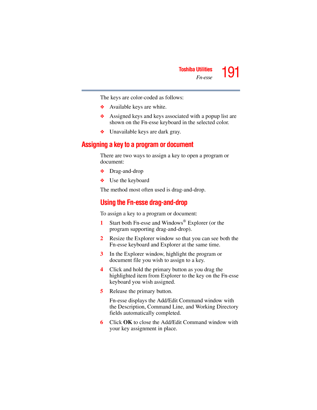 Toshiba A45 Series manual 191, Assigning a key to a program or document, Using the Fn-esse drag-and-drop 