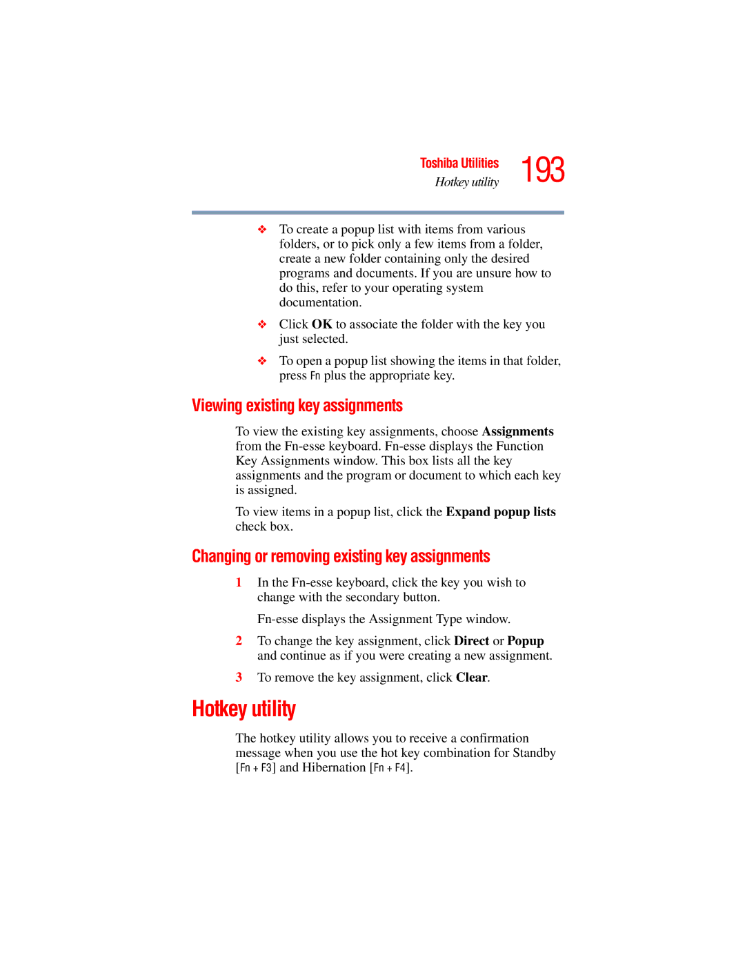 Toshiba A45 Series 193, Hotkey utility, Viewing existing key assignments, Changing or removing existing key assignments 