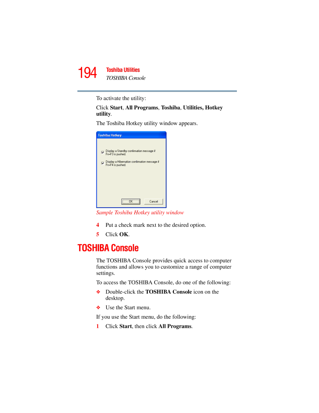 Toshiba A45 Series manual 194, Toshiba Console, Sample Toshiba Hotkey utility window 