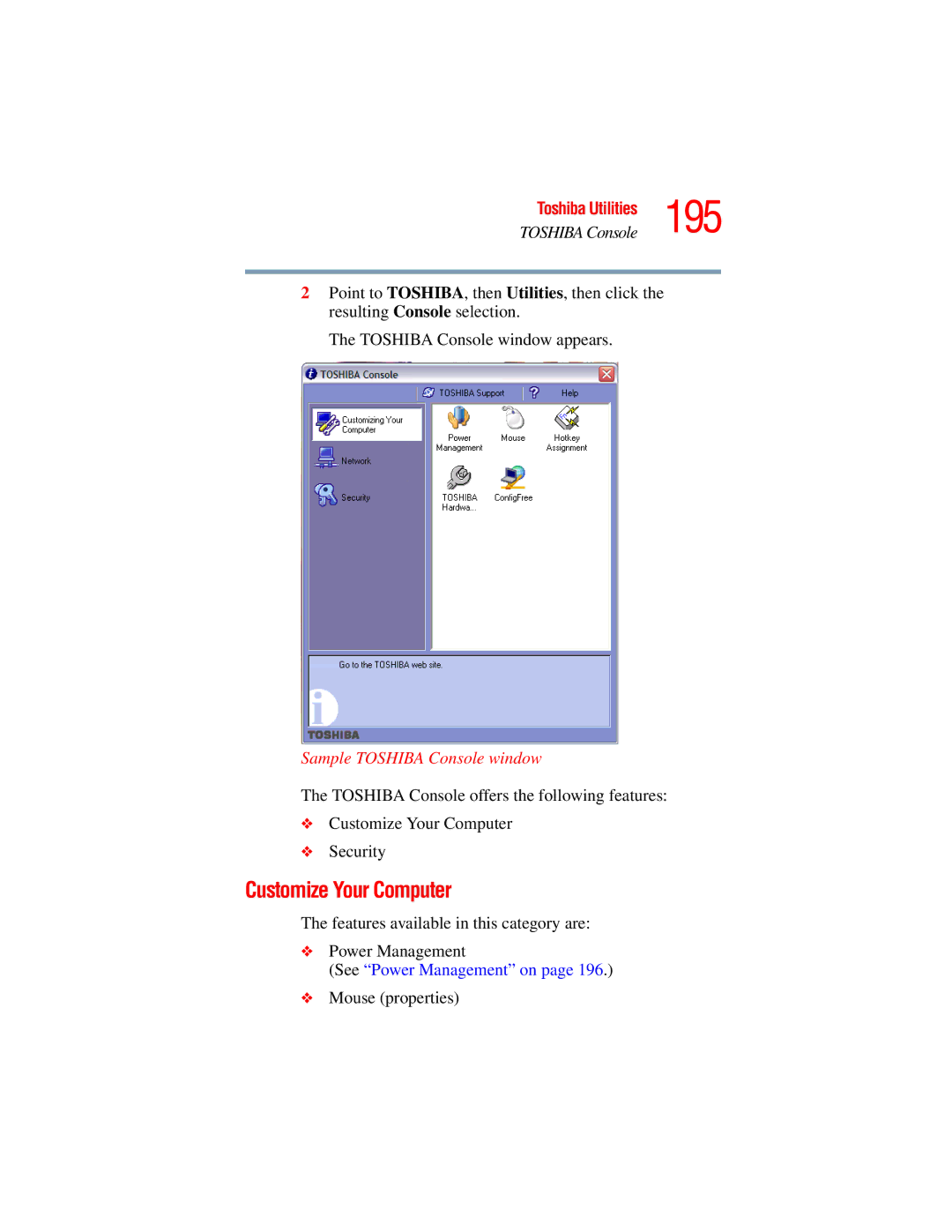 Toshiba A45 Series manual 195, Customize Your Computer, Sample Toshiba Console window, Mouse properties 