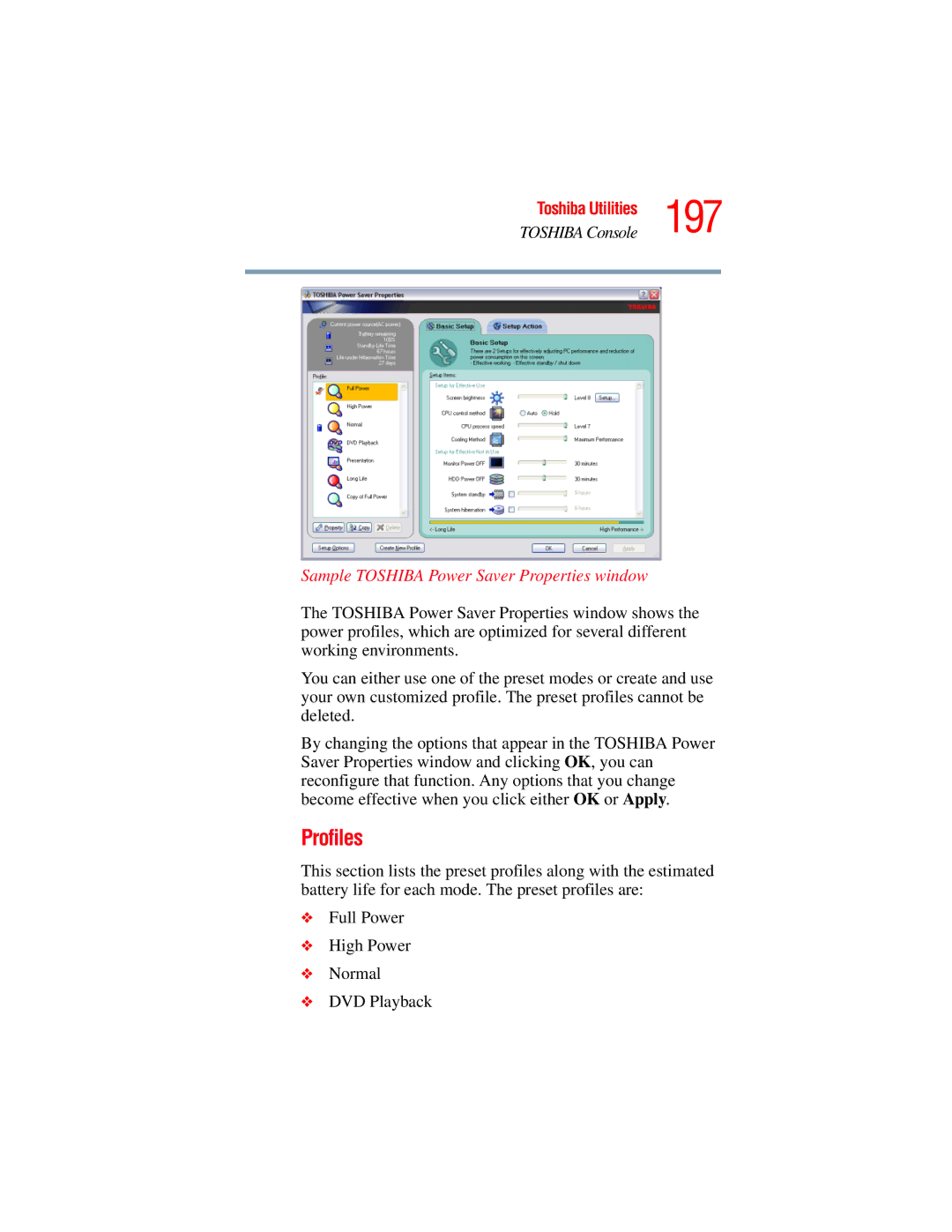 Toshiba A45 Series manual 197, Sample Toshiba Power Saver Properties window 