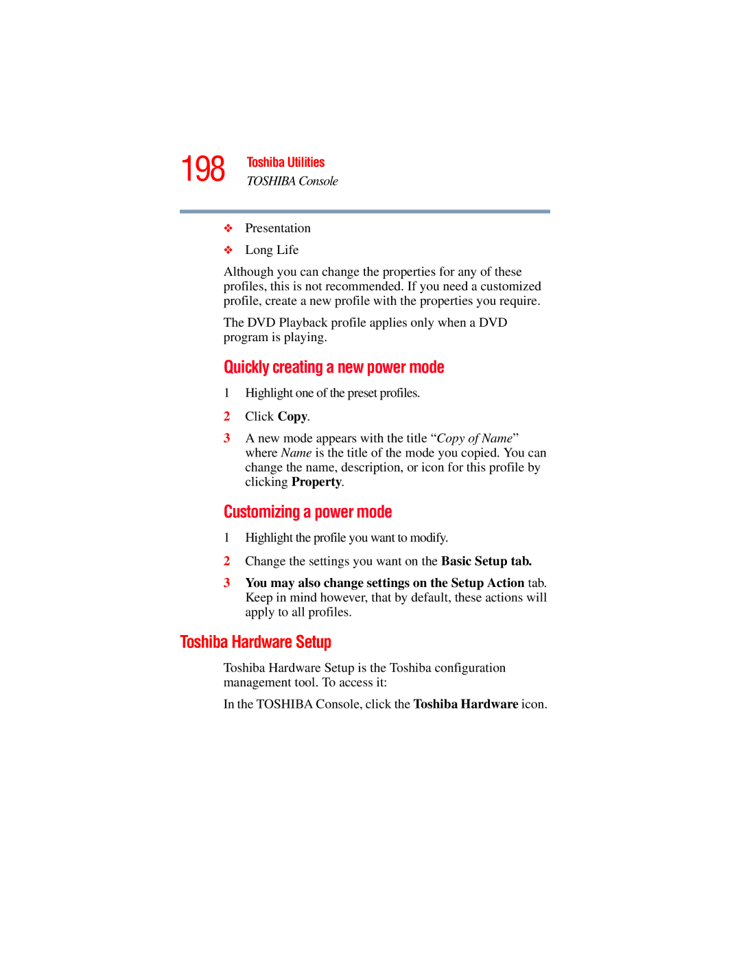 Toshiba A45 Series manual 198, Toshiba Hardware Setup 