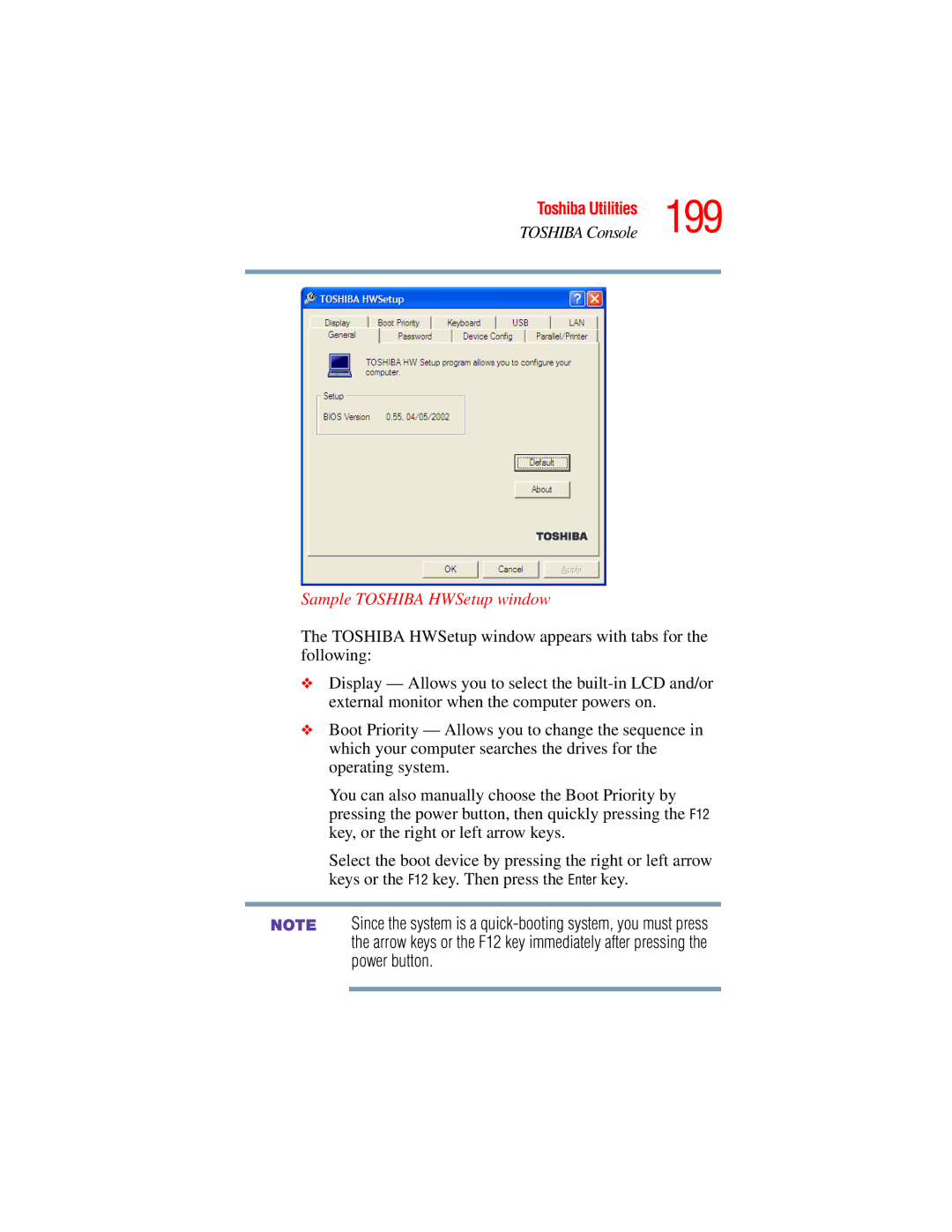 Toshiba A45 Series manual 199, Sample Toshiba HWSetup window 